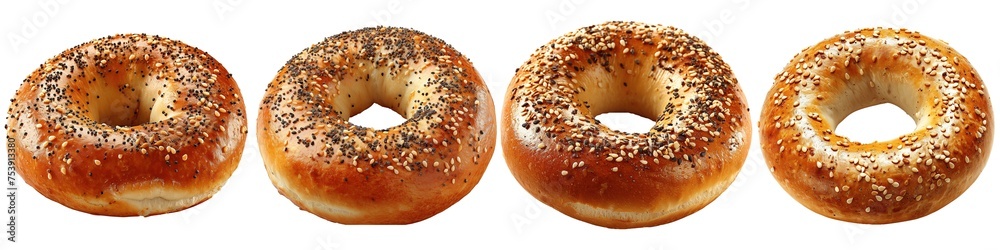 Set of bagels with sesame seeds isolated on transparent background
