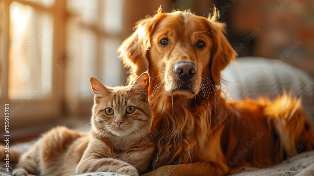 Orange dog and cat laying on a rug at home. Best animal friends.  - obrazy, fototapety, plakaty 