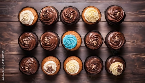 View from above of a variety of chocolate cupcakes lined up  on a wooden surface background photo