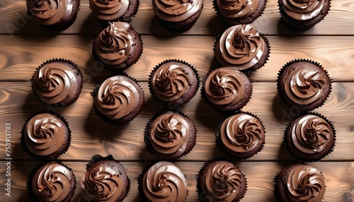 View from above of a variety of chocolate cupcakes on a wooden surface background photo