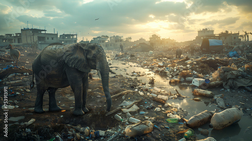 Elephant walking in a polluted wasteland on the outskirts of a city. Concept for pollution of natural animal habitats.