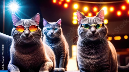 Three stylish cats at a disco in colorful glasses in neon light. Concept of relaxation in a night club. Night life. photo