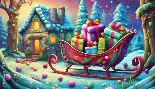 A red sleigh filled with wrapped presents, parked in front of a charming cottage. 