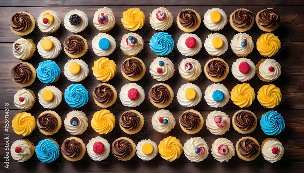 View from above of a lot of colorful cupcakes with different toppings lined up on a wood surface, card background View from above of a lot of colorful cupcakes with different toppings lined up on a wood surface, card background