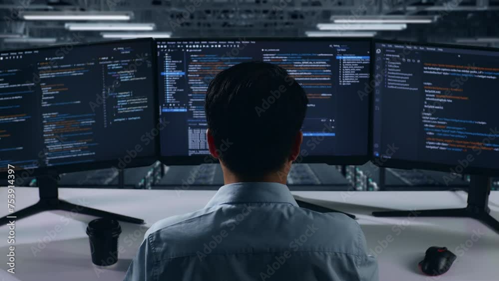 Back View Of Asian Man Developer Using Computer To Write Code With Multiple Screens In Data Center Back View Of Asian Man Developer Using Computer To Write Code With Multiple Screens In Data Center