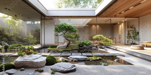 View from interior with zen inspired style inside on japanese garden house.