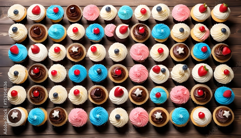View from above of a lot of colorful cupcakes with different toppings lined up on a wood surface, card background View from above of a lot of colorful cupcakes with different toppings lined up on a wood surface, card background