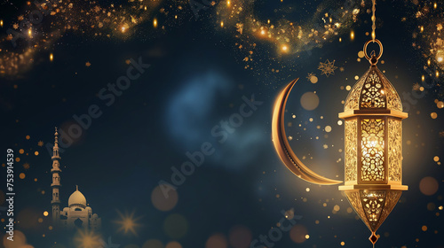 Islamic decoration background with crescent moon and traditional islamic lantern for Ramadan Kareem, Eid ul Fitr, Ei al Adha | Islamic decoration background with copy space text area, 3D illustration 