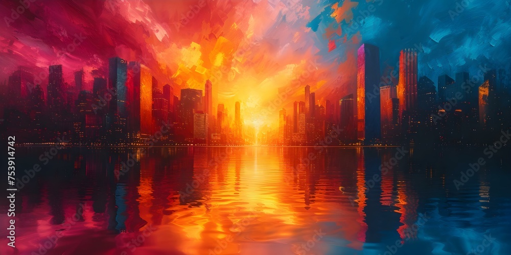 Capturing a Colorful City Sunset in an Oil Painting: An Inspiring Artist's Interpretation. Concept Artistic Inspiration, City Landscape, Oil Painting, Colorful Sunset