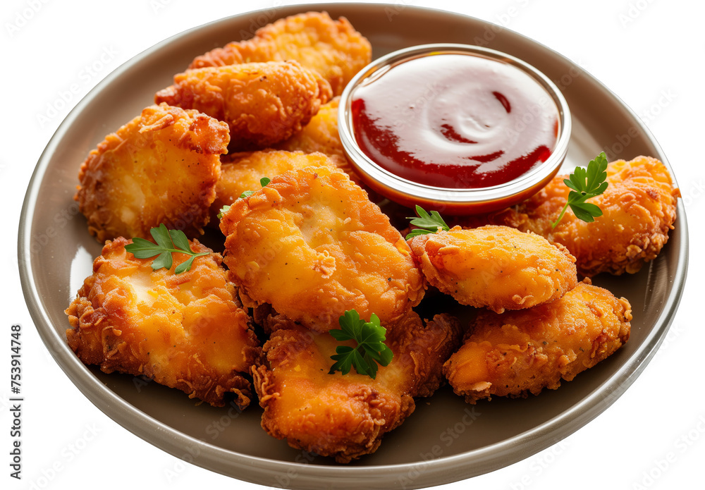 Golden Chicken Nuggets with Dipping Sauce, A Tasty Snack - Crispy Breaded Nuggets Served with Ketchup and Fresh Parsley Golden Chicken Nuggets with Dipping Sauce, A Tasty Snack - Crispy Breaded Nuggets Served with Ketchup and Fresh Parsley