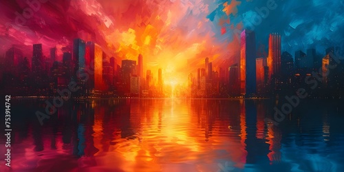 Capturing a Colorful City Sunset in an Oil Painting: An Inspiring Artist's Interpretation. Concept Artistic Inspiration, City Landscape, Oil Painting, Colorful Sunset