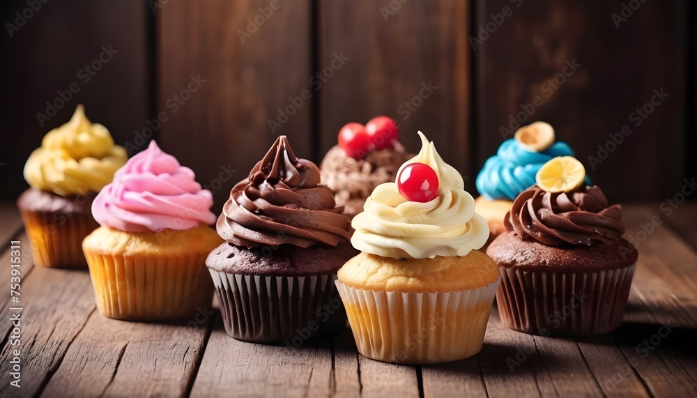 Colorful cupcakes with various topping on wood backgrounds, free space above