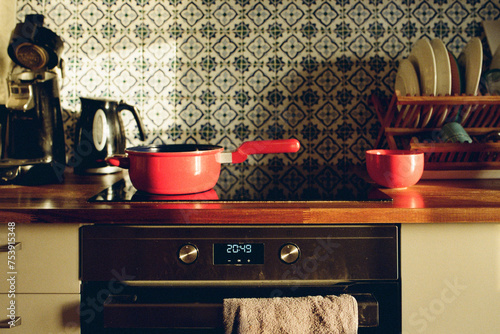 A kitchen in a sunset light