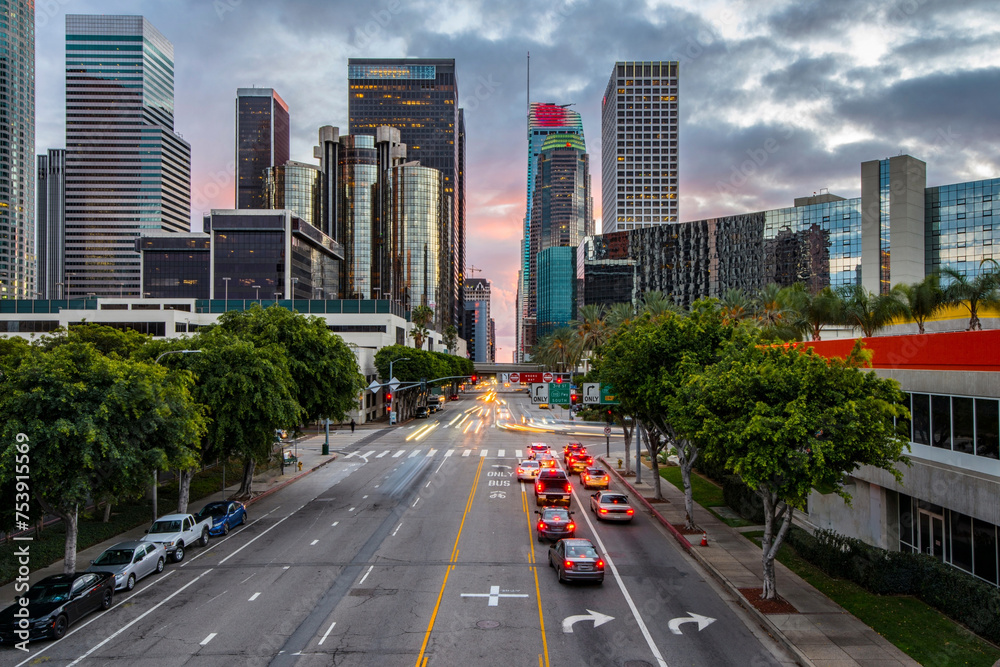 City Lights at Twilight: 4K Ultra HD Image of Downtown Los Angeles Figueroa Street Traffic After Sunset	