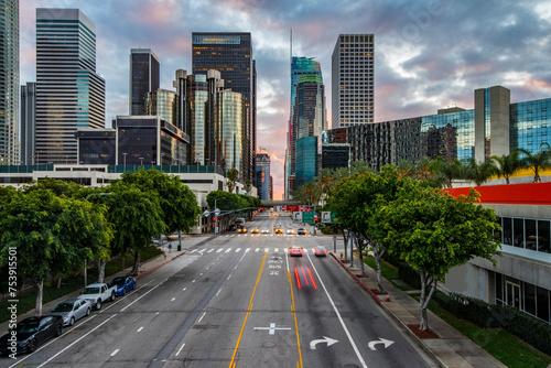 City Lights at Twilight: 4K Ultra HD Image of Downtown Los Angeles Figueroa Street Traffic After Sunset