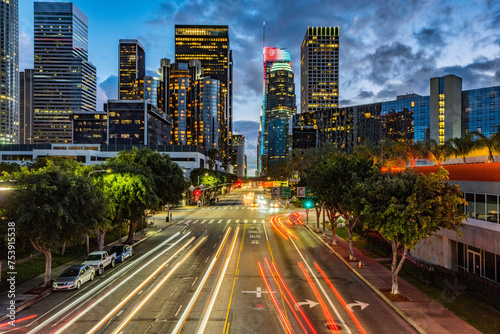 City Lights at Twilight: 4K Ultra HD Image of Downtown Los Angeles Figueroa Street Traffic After Sunset
