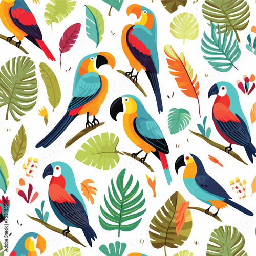 Tropical birds seamless pattern. Beautiful cartoon p