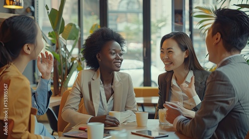 Casual Business Conversation Concept Group Of Multiethnic Teamwork Collegues Positive Discuss Conversation With Happiness Clam And Joyful Together In Office Or Cafe Coffeeshop Background, Ai Generate photo