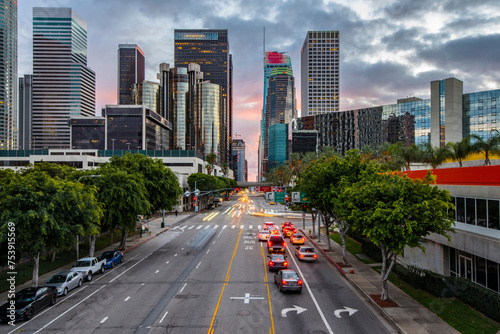 City Lights at Twilight: 4K Ultra HD Image of Downtown Los Angeles Figueroa Street Traffic After Sunset 