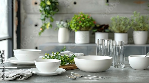 Wallpaper Mural Ceramic Tableware Set On Gray Table Near Potted Plants Torontodigital.ca