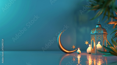 Islamic decoration background with crescent moon and traditional islamic lantern for Ramadan Kareem, Eid ul Fitr   Islamic decoration background with copy space text area, 3D illustration  © Mall Of Graphics 