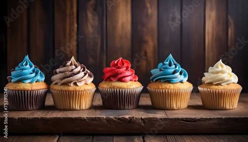 Colorful cupcakes with various topping lined up on wood backgrounds, free space above photo