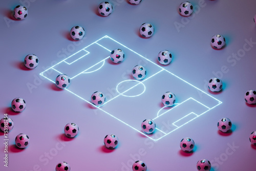 many soccer balls in a neon field photo