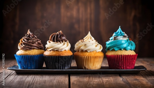 Colorful cupcakes with various topping lined up on wood backgrounds, free space above