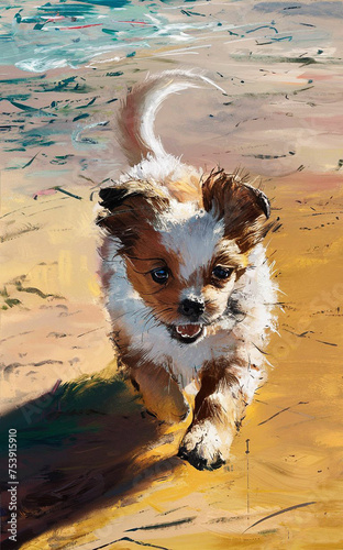 Digital art oil painting of a cute and playful pomchi dog. photo