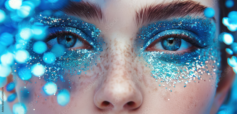 close up of woman with blue glitter makeup and bokeh effect close up of woman with blue glitter makeup and bokeh effect