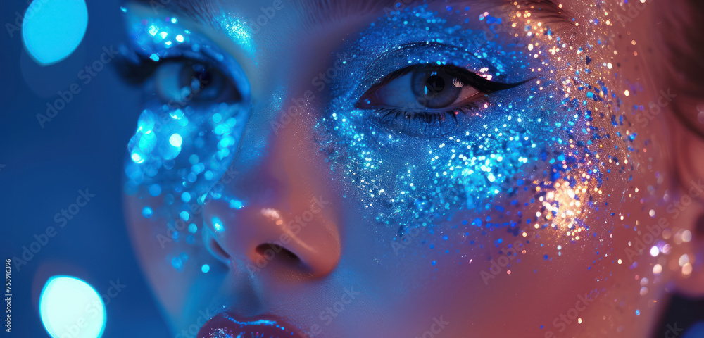 close up portrait of woman with blue glitter on face in bokeh lighting