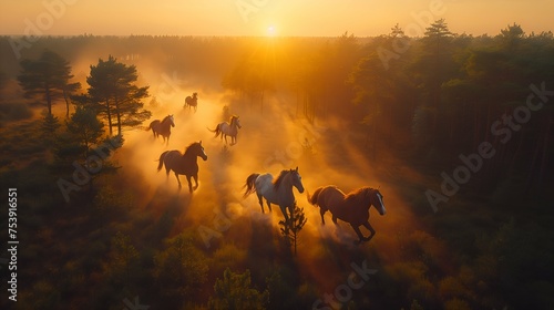Herd of wild horses running gallop in dust at sunset time. A herd of horses running through a field on a Mexican Ranch at sunrise photo