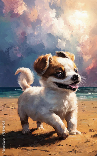 Digital art oil painting of a cute and playful pomchi dog. photo