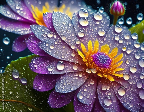 water drops on magical flowers in amazing colors