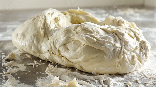 Raw dough and rolling pin on table, closeup. Food preparation