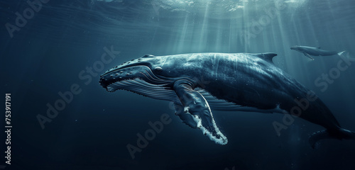 A majestic humpback whale swimming gracefully underwater in the depths of the ocean