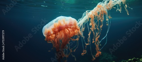 An orange jellyfish glides effortlessly through the ocean waters, its tentacles trailing behind it in graceful undulations. The vibrant creature contrasts against the deep blue backdrop of the sea