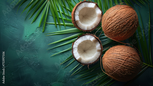 fresh coconuts and palm leaves on a wet green textured background