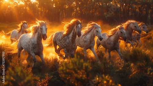 Landscape of wild horses running at sunset with dust in background. © rjankovsky