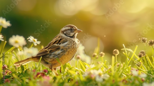 Cute Emberiza Cirlus Passerine Bird Sitting On Lawn In Nature photo