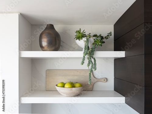 Minimalist kitchen shelf in Contemporary Home with houseplant