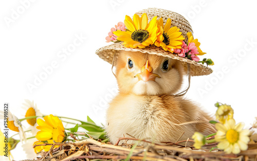 Adorable Easter Chick Wearing a Floral Bonnet Isolated on Transparent Background PNG.