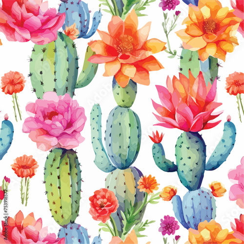 Watercolor seamless pattern with cactuses and flower