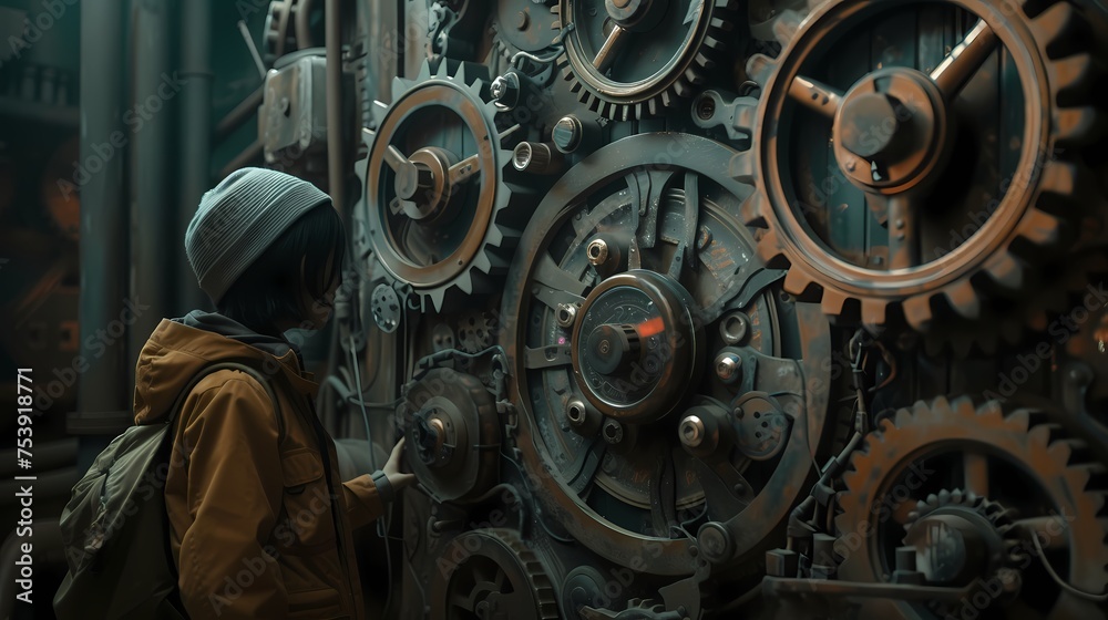 The character curiously examines a row of interconnected gears, fascinated by their synchronized movements.