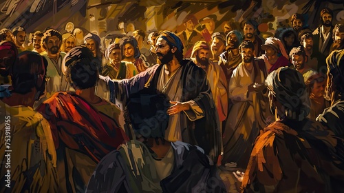Digital Painting Of Jesus Preaching To A Crowd Of Followers