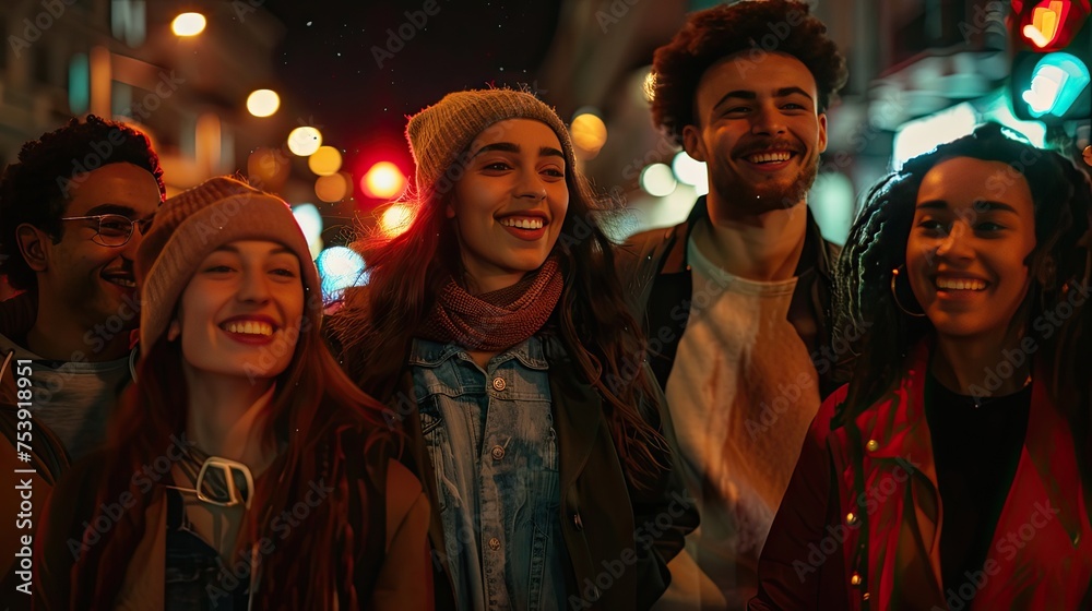 Fototapeta premium Diverse Smiling Friends Walking On Street At Night