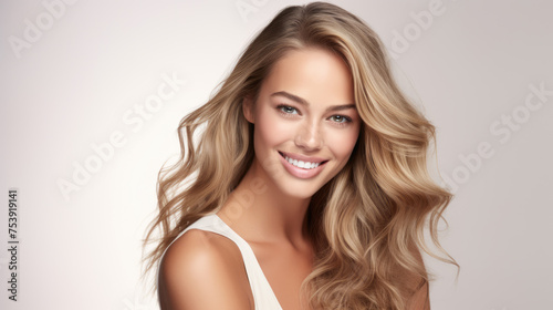 Beautiful girl, woman on bright background, cosmetics beauty skin care or hair dresser salon advertisement baner	