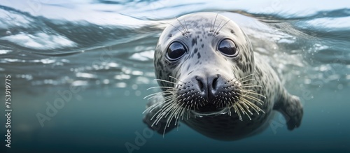 A grey seal is swimming in the water, its gaze fixed on the camera capturing this moment. The majestic creature moves gracefully, showing off its sleek body and inquisitive expression. photo