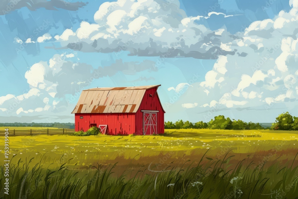 A Painting of a Red Barn in a Field A Painting of a Red Barn in a Field