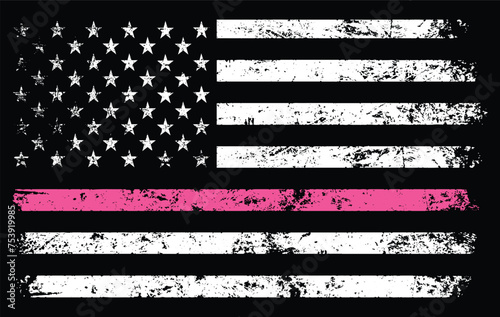Dgital illustration of the flag of the USA with a pink line for breast cancer awareness